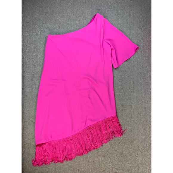 Trina Turk Gull Dress One Shoulder Mini Fringe Pink Snap Dragon Size Large - Picture 5 of 11